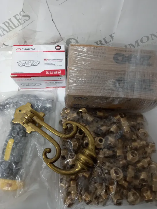 BOX OF ASSORTED HARDWARE TO INCLUDE PIPE FITTINGS / SMALL HAMMER/ BRASS DOOR KNOCKER / HD CAMERA 