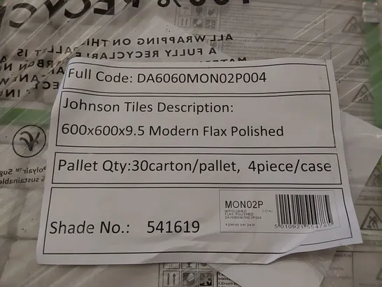 PALLET TO CONTAIN APPROX 30 X PACKS OF JOHNSON TILES MODERN FLAX POLISHED PORCELAIN FLOOR TILES - 4 TILES PER PACK // TILE SIZE: 600 X 600 X 9.5mm