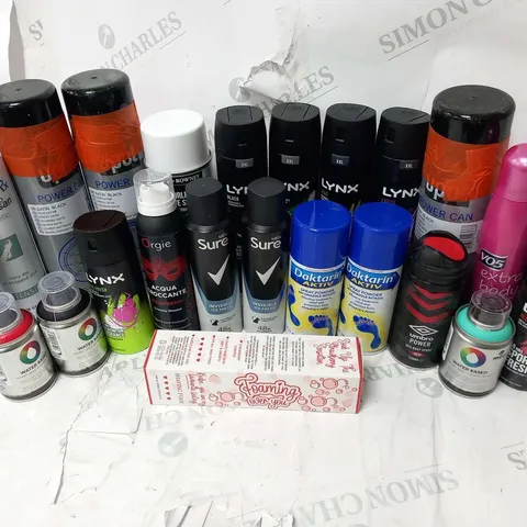 APPROXIMATELY 23 ASSORTED AEROSOL SPRAYS TO INCLUDE; LYNX, GLUCO RX ALLPRESAN, DOVE, SURE AND UMBRO