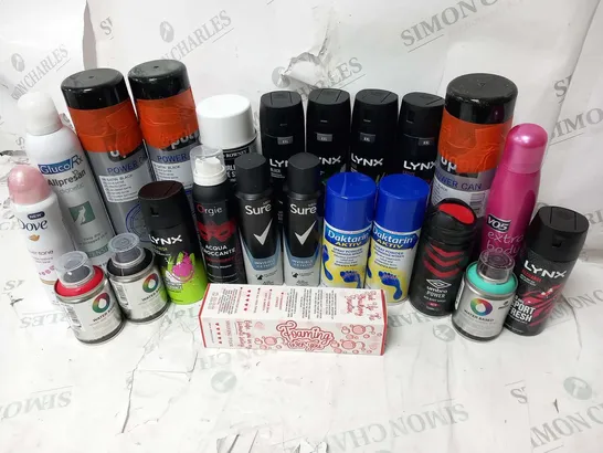 APPROXIMATELY 23 ASSORTED AEROSOL SPRAYS TO INCLUDE; LYNX, GLUCO RX ALLPRESAN, DOVE, SURE AND UMBRO