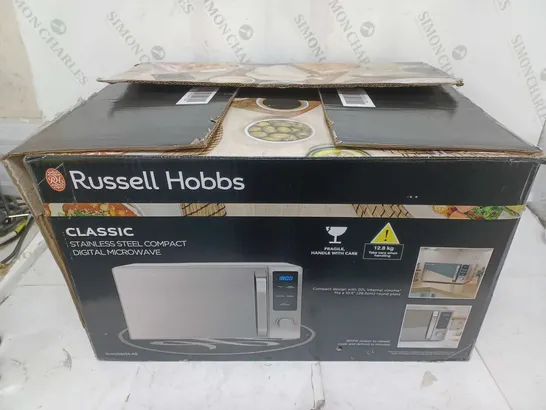 BOXED RUSSELL HOBBS CLASSIC STAINLESS STEEL COMPACT DIGITAL MICROWAVE