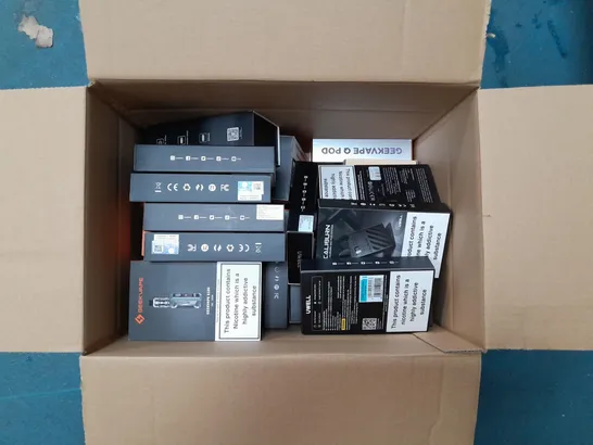 BOX OF APPROXIMATELY 20 ASSORTED E-CIGARATTES TO INCLUDE GEEKVAPE, CALIBURN, UWELL ETC