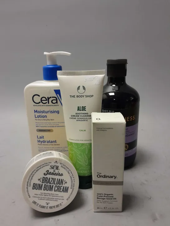 APPROXIMATELY 20 ASSORTED HEALTH & BEAUTY ITEMS TO INCLUDE THE ORDINARY COLD-PRESSED BORAGE SEED OIL (30ML), THE BODY SHOP ALOE CREAM CLEANSER (125ML), CERAVE MOISTURISING LOTION (473ML), ETC