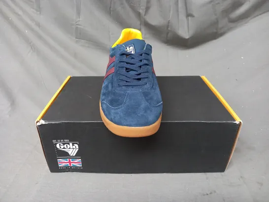 BOXED PAIR OF GOLA HURRICANE SUEDE SHOES IN NAVY/BURGUNDY/SUN UK SIZE 8