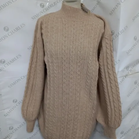 OASIS FUNNEL NECK CABLE KNIT MINI JUMPER DRESS IN OATMEAL SIZE M