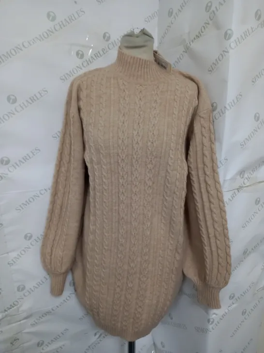 OASIS FUNNEL NECK CABLE KNIT MINI JUMPER DRESS IN OATMEAL SIZE M