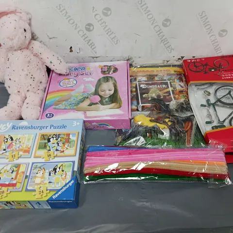 LARGE BOX OF ASSORTED TOYS AND GAMES TO INCLUDE TEDDIES, JIGSAWS AND MAGAZINES 