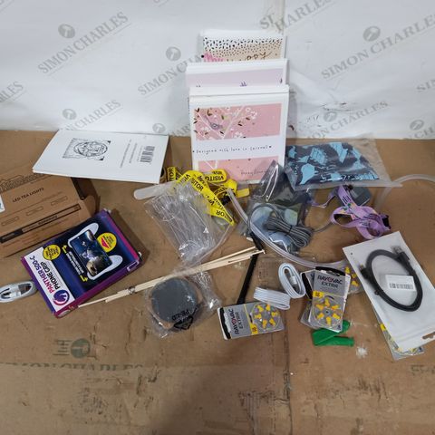 BOX OF A LARGE QUANTITY OF ASSORTED HOUSEHOLD ITEMS TO INCLUDE RAYOVAC HEARING AID BATTERIES, PANTHER 00-C PHONE GRIP, DESIGNER LED TEA LIGHTS ETC
