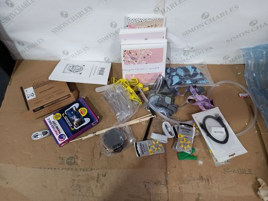 BOX OF A LARGE QUANTITY OF ASSORTED HOUSEHOLD ITEMS TO INCLUDE RAYOVAC HEARING AID BATTERIES, PANTHER 00-C PHONE GRIP, DESIGNER LED TEA LIGHTS ETC