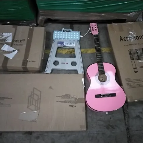 PALLET OF ASSORTED ITEMS INCLUDING DONYER POWER ELECTRICAL CONVECTOR HEATER, ACROHOME TELESCOPIC LADDER, YUDA CB SKY PINK GUITAR, KOADOA FOLDING STOOL, ACEKOOL AIR FRYER