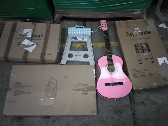 PALLET OF ASSORTED ITEMS INCLUDING DONYER POWER ELECTRICAL CONVECTOR HEATER, ACROHOME TELESCOPIC LADDER, YUDA CB SKY PINK GUITAR, KOADOA FOLDING STOOL, ACEKOOL AIR FRYER