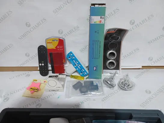 BOX TO CONTAIN APPROXIMATELY 30 ASSORTED HOME IMPROVEMENT PRODUCTS, INCLUDES PLUGS, LABELS & SKY REMOTE 