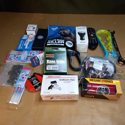 LOT OF ASSORTED HOUSEHOLD ITEMS TO INCLUDE RAT KILLER, REMOTE CONTROLS AND SEWING CLIPS