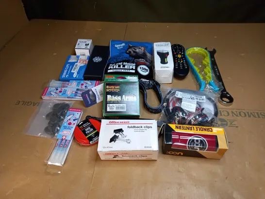 LOT OF ASSORTED HOUSEHOLD ITEMS TO INCLUDE RAT KILLER, REMOTE CONTROLS AND SEWING CLIPS