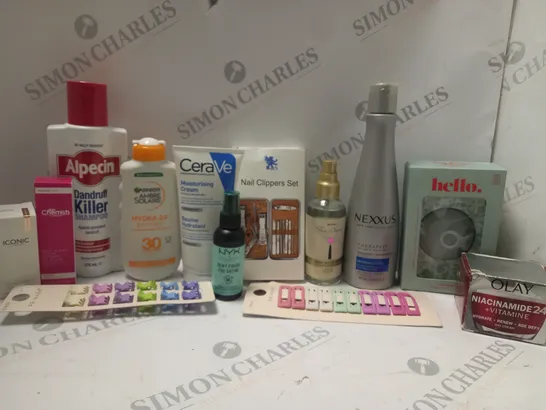 BOX OF APPROX 10 ASSORTED BEAUTY PRODUCTS TO INCLUDE CERAVE MOISTURISING CREAM, NAIL CLIPPER SET, NEXXUS SHAMPOO, ETC 