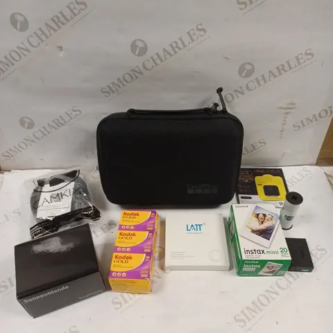 BOX OF 9 ASSORTED CAMERA & PHOTOGRAPHY PRODUCTS TO INCLUDE GO PRO CARRY CASE, FUJIFILM INSTANT FILM, LENS SHIELD ETC 