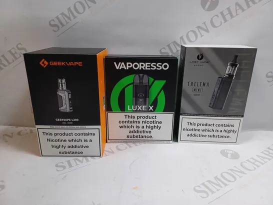 LOT OF APPROXIMATELY 25 ASSORTED E-CIGARETTES AND LIQUIDS TO INCLUDE GEEKVAPE L200, VAPORESSO LUXE X, LOST VAPE QUEST THELEMA MINI, ETC