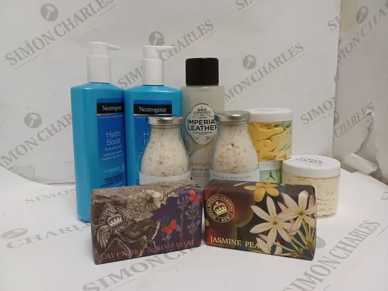 APPROXIMATELY 10 ASSORTED HEALTH AND BEAUTY PRODUCTS TO INCLUDE KELLY CORNISH BATH SALTS, NEUTROGENA HYDRO BOOST BODY GEL CREAM, ROYAL BOTANIC GARDENS JASMINE PEACH LUXURY SHEA BUTTER SOAP 