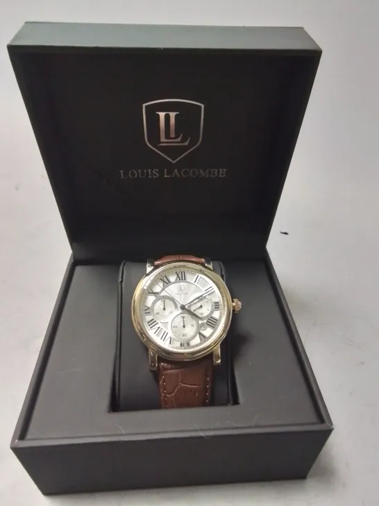 LOUIS LACOMBE STAINLESS STEEL GENTS WATCH WITH TEXTURED DIAL AND BROWN LEATHER STRAP IN GIFT BOX