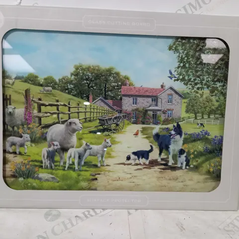 LEONARDO COLLECTION BORDER COLLIE FARM SCENE GLASS CUTTING BOARD