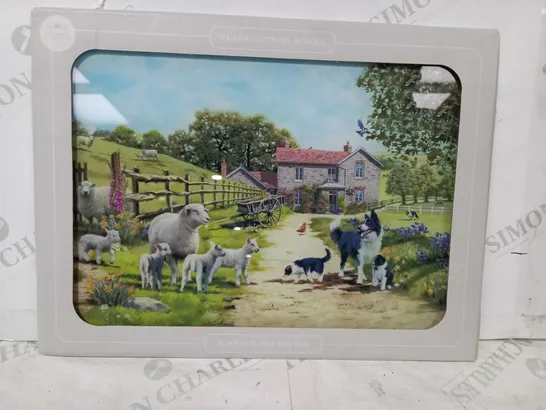 LEONARDO COLLECTION BORDER COLLIE FARM SCENE GLASS CUTTING BOARD