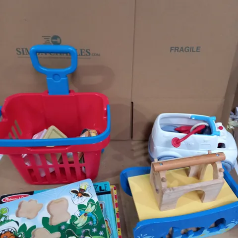 LOT OF APPROXIMATELY 5 BABY AND CHILDRENS TOYS TO INCLUDE SHOPPING CART, AMBULANCE TOY, WOODEN SHIP ETC
