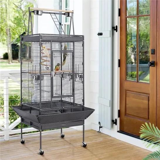 BOXED YAHEETECH RETA WROUGHT IRON ROLLING LARGE PARROT BIRD CAGE - BLACK (1 BOX)