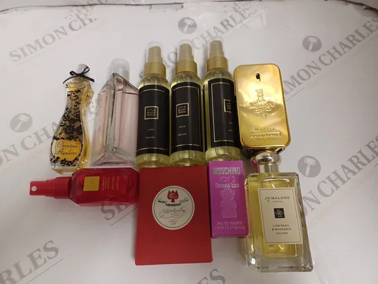 LOT OF 10 ASSORTED BOTTLES OF FRAGRENCES TO INCLUDE JO MALONE AND 1 MILLION