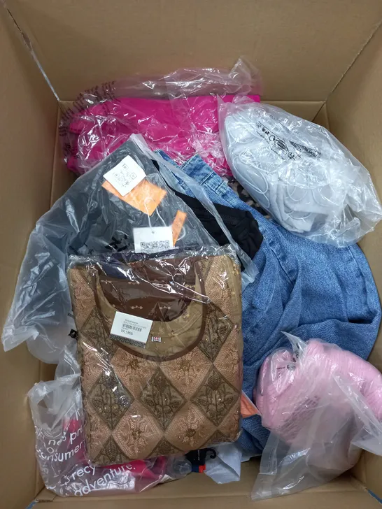 BOX OF ASSORTED CLOTHING ITEMS TOO INCLUDE JUMPERS, SHIRTS AND TROUSERS IN VARIOUS SIZES AND COLOURS   