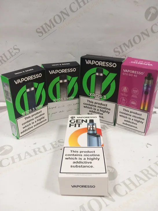 5 ASSORTED VAPORESSO VAPING PRODUCTS TO INCLUDE; GTX GO 40, GEN FIT, XROS 3 AND XROS 3 MINI