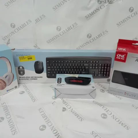 BOX OF APROXIMATELY 20 ASSORTED ITEMS TO INCLUDE WIRELESS HEADPHONES, WIRELESS KEYBOARD AND MOUSE COMBO, FM ALARM CLOCK, ETC