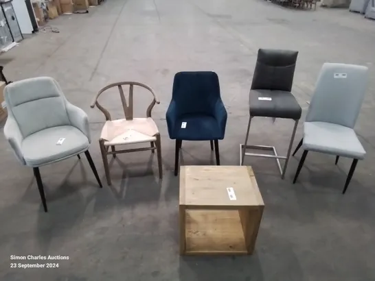 SELECTION OF 5 SIDE/DINING CHAIRS IN DIFFERENT STYLES COLOURS AND VARIETIES AND A SOLID WOOD SIDE TABLE WITH STORAGE