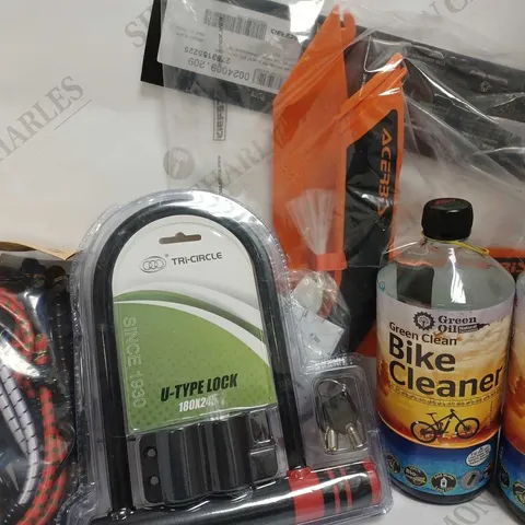 LOT OF 4 ASSORTED ITEMS TO INCLUDE ACERBIS X-GRIP FRAME GUARD, TRI-CIRCLE U-TYPE LOCK, GREEN OIL GREEN CLEAN BIKE CLEANER, AND WEFINE BUNGEE CORDS 