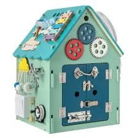 BOXED COSTWAY WOODEN BUSY HOUSE MONTESSORI TOY WITH SENSORY GAMES & INTERIOR STORAGE SPACE BLUE