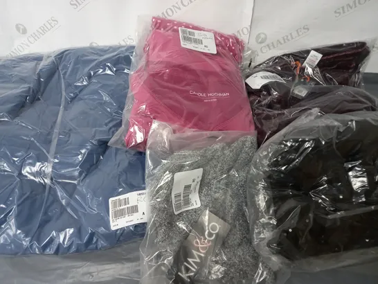 BOX OF ASSORTED CLOTHING ITEMS TOO INCLUDE TOPS , JUMPERS, AND PANTS ETC. 