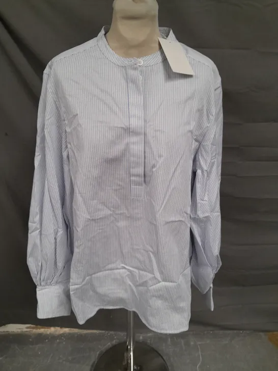 COS BLUE/WHITE STRIPPED COLLARLESS SHIRT - UK 10