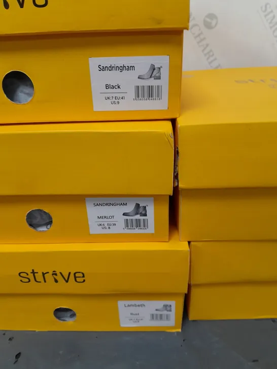 10 PAIRS OF BOXED STRIVE BOOTS IN VARIOUS SIZES AND COLOURS