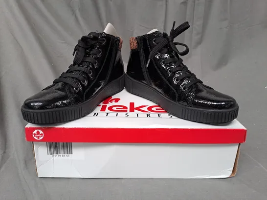 BOXED PAIR OF RIEKER HIGH TOP LEOPARD CUFF TRAINERS IN BLACK SIZE 5