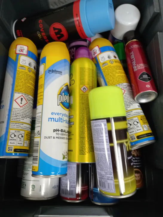 BOX OF APPROX 15 ASSORTED LIQUIDS TO INCLUDE - PAINT SPRAY, SURFACE CLEANER, DRY SHAMPOO ETC