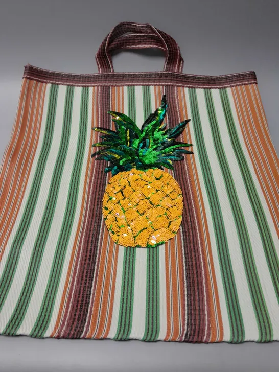 BRAND NEW BROWN PEPPER HANDBAGS PINEAPPLE SEQUIN STRIPED TOTE BAG (WHITE, ORANGE, RED, GREEN)