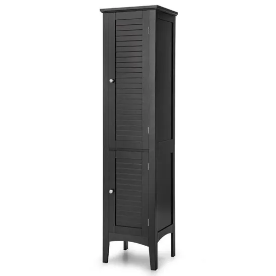 BOXED BATHROOM CABINET WITH 5 COMPARTMENTS & 2 SLATTED DOORS & SHELVES & ANTI-TILT DEVICE NARROW TALL CABINET - BLACK