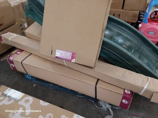 PALLET OF ASSORTED BOXED PLUM WOODEN PARTS INCLUDING CLIMBING TOWER, 2 × WAVY SLIDES.