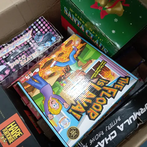 APPROXIMATELY 9 ASSORTED TOYS & GAMES TO INCLUDE FORMULA CHASER, THE FLOOR IS LAVA, FIBRE OPTIC SANTA CLAUS, ETC