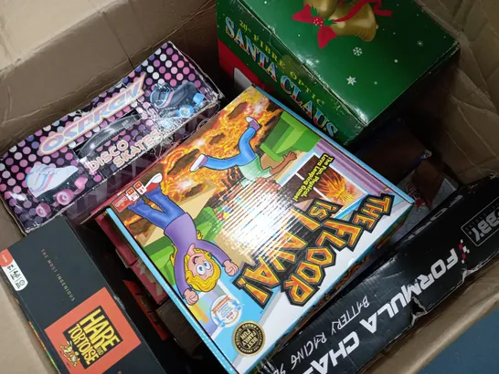 APPROXIMATELY 9 ASSORTED TOYS & GAMES TO INCLUDE FORMULA CHASER, THE FLOOR IS LAVA, FIBRE OPTIC SANTA CLAUS, ETC