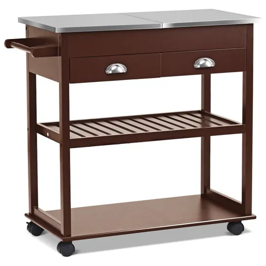 BOXED 3-TIER ROLLING KITCHEN ISLAND CART WITH DRAWERS - BROWN