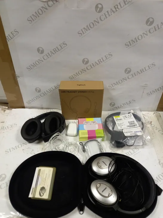 LOT OF ASSORTED HEAD PHONES AND HEAD PHONE ACCESSORIES