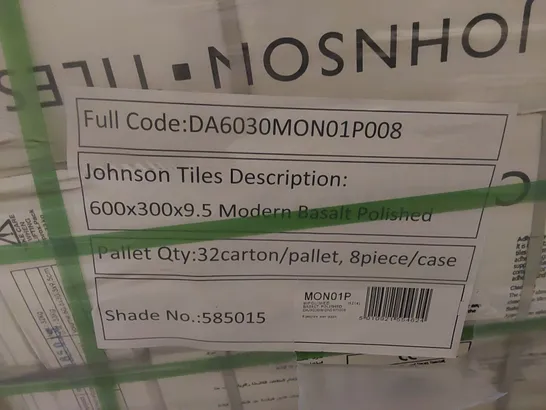 PALLET TO CONTAIN APPROX 32 X PACKS OF JOHNSON TILES MODERN BASALT POLISHED PORCELAIN FLOOR & WALL TILES - 8 TILES PER PACK // TILE SIZE: 600 X 300 X 9.5mm