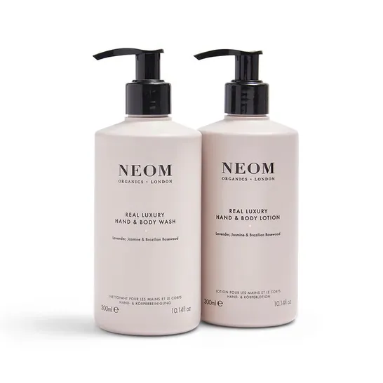 NEOM LUXURY HAND&BODY LOTION/WASH BUNDLE IN LAVENDER, JASMINE & BRAZILIAN ROSEWOOD 300ML