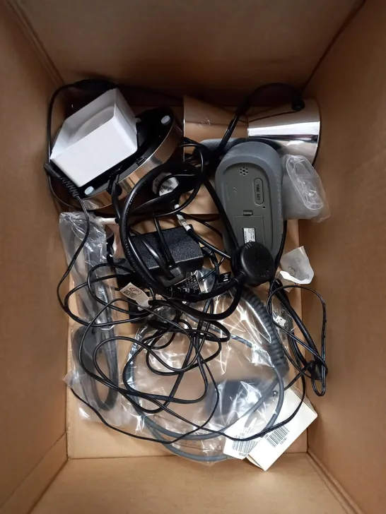 BOX OF APPROXIMATELY 15 HOUSEHOLD AND ELECTRICAL ITEMS TO INCLUDE JOHN LEWIS TOUCH LAMP, CHARGING CABLE, MICROSOFT WIRELESS MOUSE ETC 