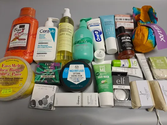 LOT OF ASSORTED HEALTH AND BEAUTY ITEMS TO INCLUDE CERAVE BLEMISH CONTROL CLEANSER, BODY SHOP SHAVING CREAM AND ELF BROW LIFT